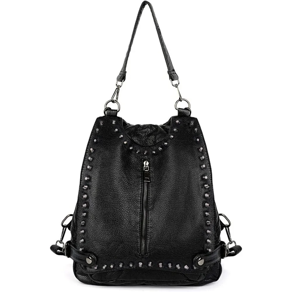 Women Black PU Leather Rivet Studded Convertible Backpack Purse